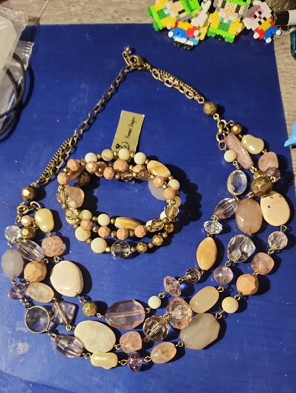 Beaded Multi-Strand Necklace and Bracelet Set - Pink Cream